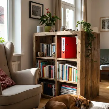 Rote Notfallmappe steht gut sichtbar in einem offenen Regal im Wohnzimmer