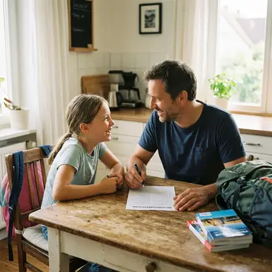 Tochter und Vater gehen gemeinsam eine Checkliste durch und lächeln sich an