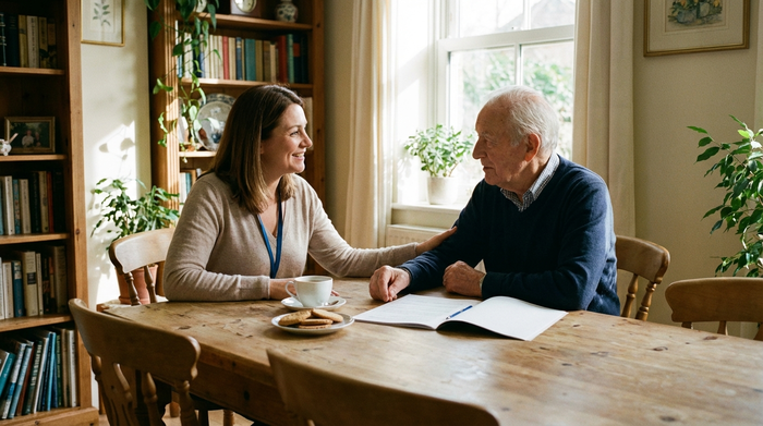 Freundliche Pflegeberaterin und älterer Herr sitzen gemeinsam am Esstisch, ruhige und unterstützende Atmosphäre