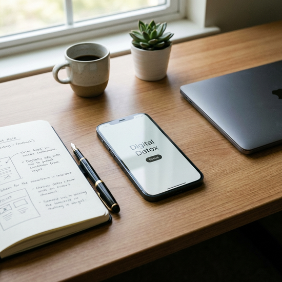 Telefon auf einem aufgeräumten Schreibtisch neben einem Notizbuch