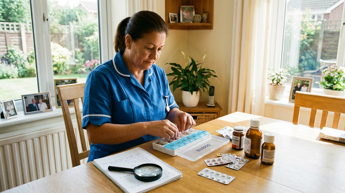 Pflegerin bereitet sorgfältig Medikamente vor