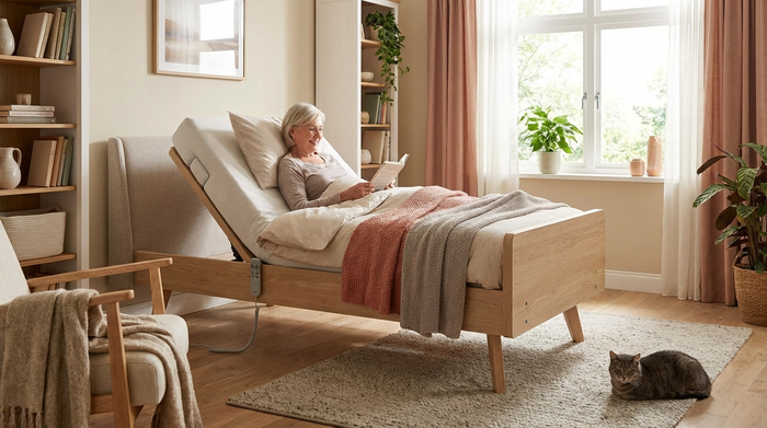 Modernes Pflegebett mit hochgestelltem Kopfteil in einem gemütlichen Zimmer