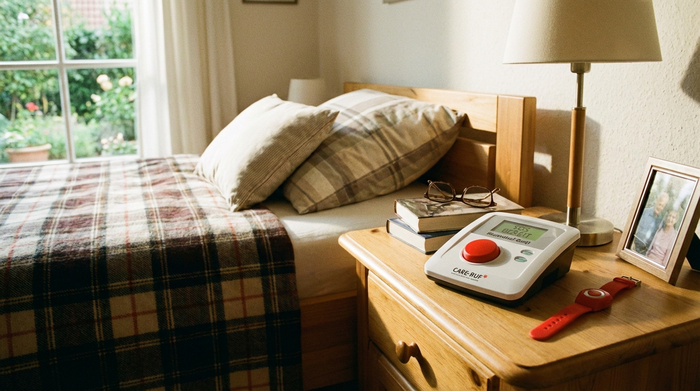 Hausnotruf-Gerät auf Nachttisch neben Bett