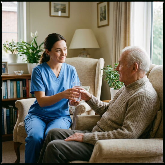 Pflegekraft reicht einem Senior ein Glas Wasser