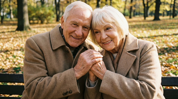 Älteres Ehepaar hält sich an den Händen, vertrauensvolle Geste