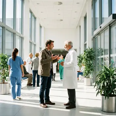 Erwachsener Sohn im Gespräch mit Arzt im hellen Krankenhausflur