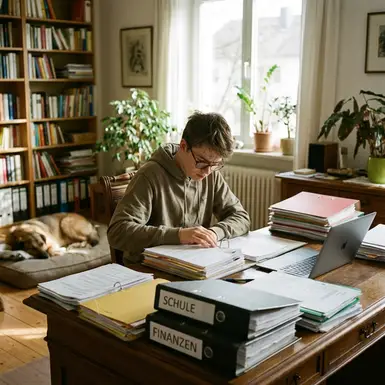 Sohn organisiert fokussiert Unterlagen am heimischen Schreibtisch