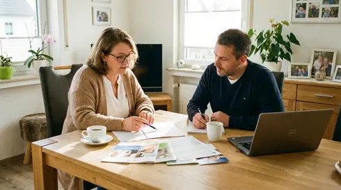 Pflegeberaterin erklärt einem aufmerksamen Angehörigen verschiedene Unterlagen an einem hellen Holztisch