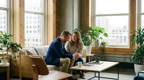 Zwei Personen im vertrauensvollen Gespräch in einem modernen Büro