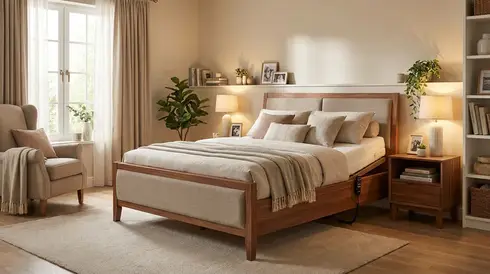 Komfortables Pflegebett im häuslichen und gemütlichen Schlafzimmer