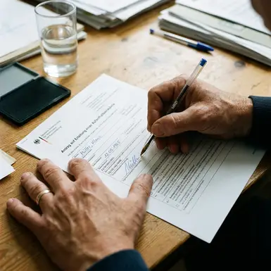 Nahaufnahme von Händen, die ein offizielles Formular mit einem Kugelschreiber ausfüllen