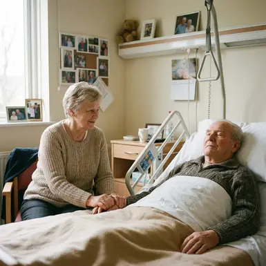 Angehörige sitzt ruhig am Pflegebett und hält die Hand des Seniors