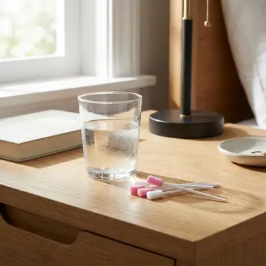 Wasserglas und kleine Schaumstoffstäbchen auf einem sauberen Nachttisch
