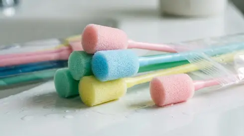 Nahaufnahme von weichen Schaumstoffstäbchen zur Mundpflege