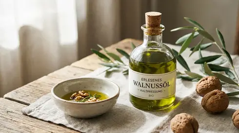 Kleine Flasche mit hochwertigem Pflanzenöl und ein kleines Schälchen