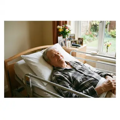 Entspanntes Gesicht eines Seniors im Pflegebett nach der Pflege
