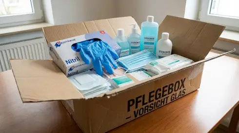 Geöffnete Box mit Pflegehilfsmitteln wie Einmalhandschuhen und Desinfektionsmittel
