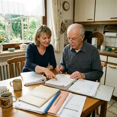 Tochter hilft älterem Vater am Küchentisch beim Sortieren von Dokumenten und Formularen