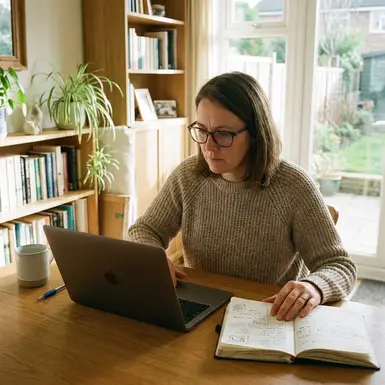 Frau arbeitet konzentriert im Home-Office am Laptop mit einem Notizblock daneben
