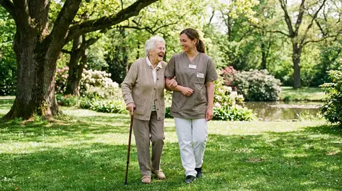 Pflegerin unterstützt Senior liebevoll beim Spaziergang im grünen Park
