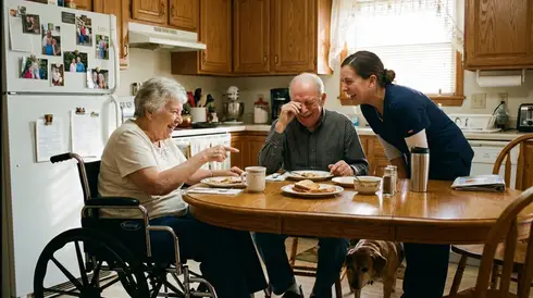 Gemeinsames Lachen bei der häuslichen Pflege am Küchentisch