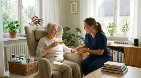 Entspannte Pflegesituation in einem hellen, aufgeräumten Wohnzimmer