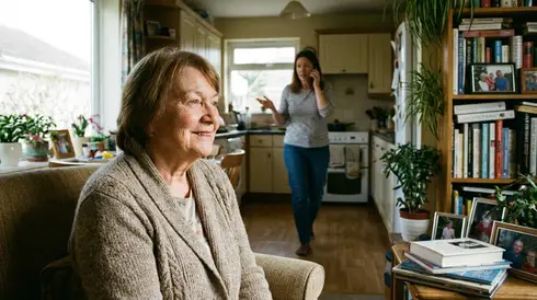 Ältere Dame lächelt entspannt am Fenster, während ihre Tochter im Hintergrund telefoniert