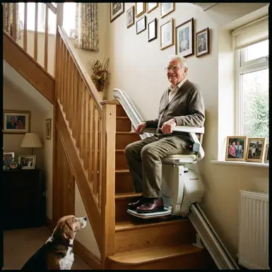 Älterer Herr fährt sicher mit einem elektrischen Treppenlift ins obere Stockwerk