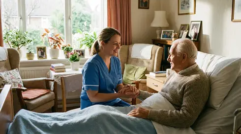 Freundliche Pflegekraft sitzt am Bett eines älteren Herrn und hält behutsam seine Hand in einem hellen, wohnlichen Zimmer
