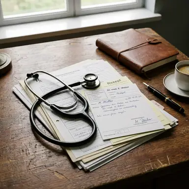Nahaufnahme von medizinischen Dokumenten und einem Stethoskop auf einem aufgeräumten Holzschreibtisch