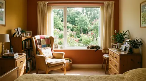 Helles, wohnliches Zimmer in einem Hospiz mit gemütlichem Sessel, warmen Farben und Blick in den grünen Garten