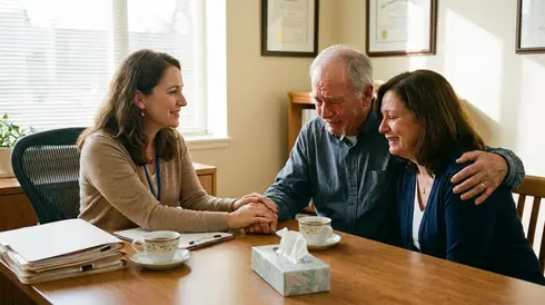 Erleichterte Angehörige im verständnisvollen Gespräch mit einer einfühlsamen Sozialarbeiterin an einem Tisch