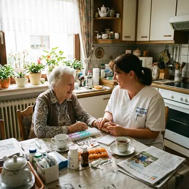 Pflegerin eines ambulanten Dienstes besucht eine Seniorin zu Hause am Küchentisch