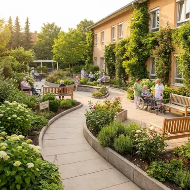 Friedlicher, begrünter Gartenbereich einer Pflegeeinrichtung mit rollstuhlgerechten Wegen und Bänken