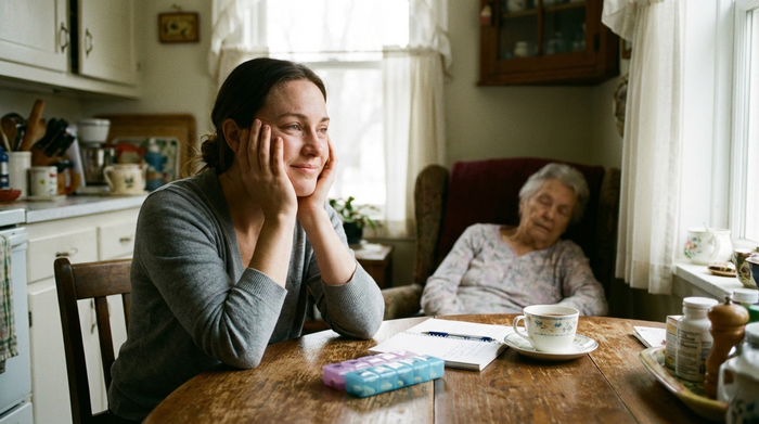 Erschöpfte aber liebevolle pflegende Tochter sitzt nachdenklich am Küchentisch, weiches natürliches Licht