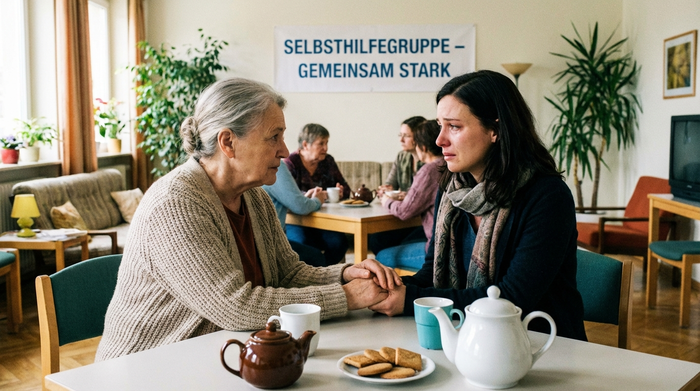 Zwei Frauen unterhalten sich vertrauensvoll bei einer Tasse Tee, Selbsthilfegruppe