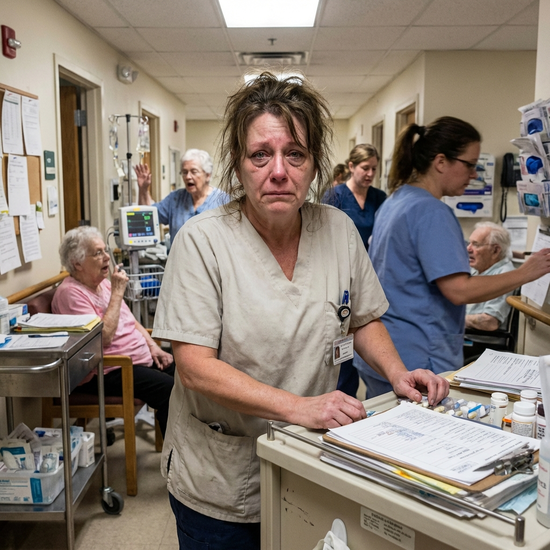 Pflegerin wirkt gestresst und übermüdet im Pflegealltag