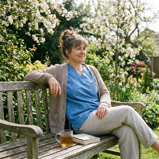 Entspannte Pflegerin nach einer erholsamen Pause im Garten