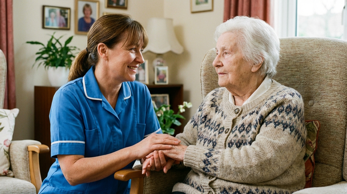 Geduldige Pflegerin hält beruhigend die Hand einer älteren Dame mit Demenz