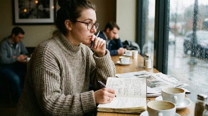 Frau notiert sich nachdenklich Dinge in ein Notizbuch, Selbstreflexion