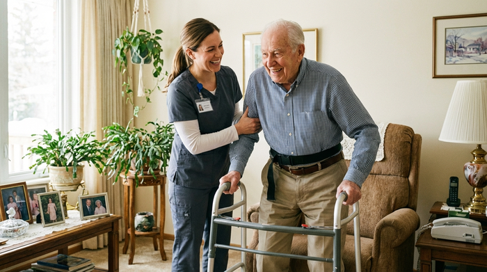 Professionelle ambulante Pflegekraft hilft Senior freundlich beim Aufstehen