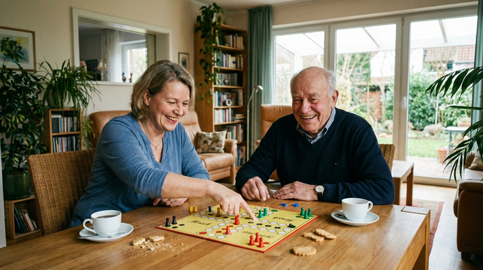Alltagsbegleiterin spielt gemeinsam mit Senior Brettspiele am Tisch