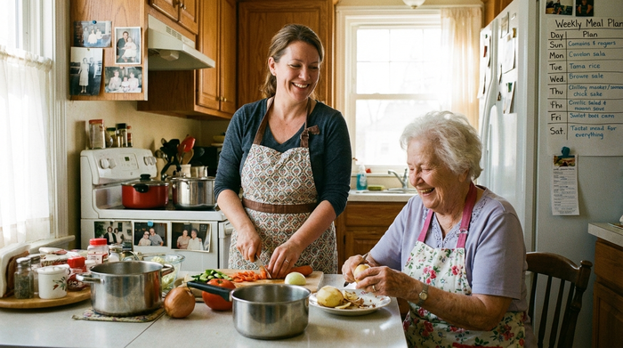24-Stunden-Betreuungskraft bereitet gemeinsam mit Seniorin eine Mahlzeit vor