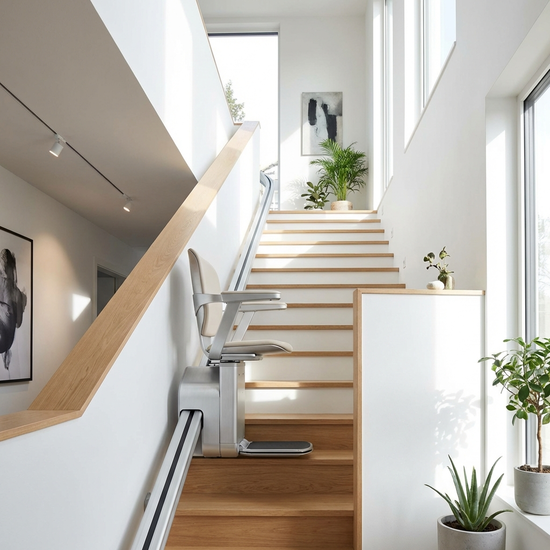 Moderner Treppenlift in einem hellen, aufgeräumten Treppenhaus
