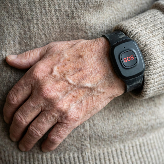 Hausnotruf-Armband am Handgelenk eines Seniors, Nahaufnahme