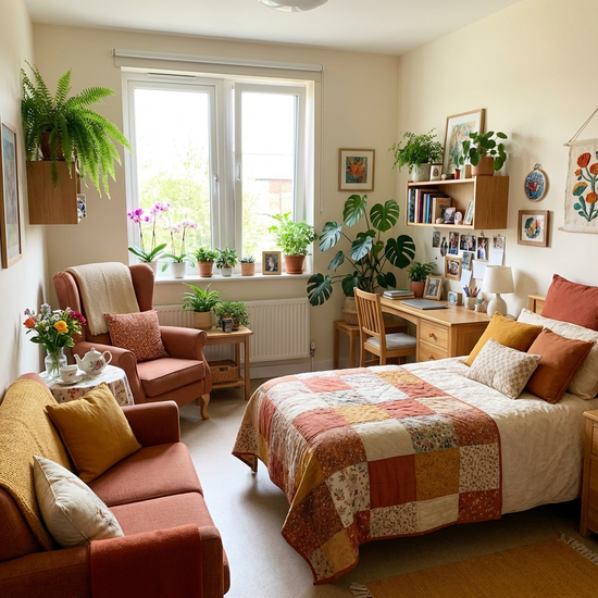Helles, wohnlich eingerichtetes Einzelzimmer auf einer Palliativstation mit warmen Farben und Pflanzen