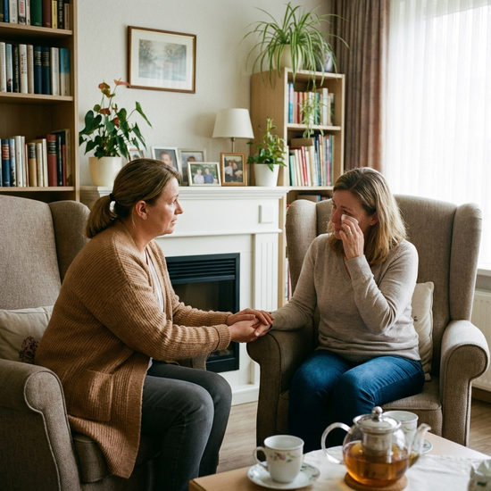 Einfühlsames Gespräch zwischen einer Pflegekraft und Angehörigen in einem gemütlichen Aufenthaltsraum