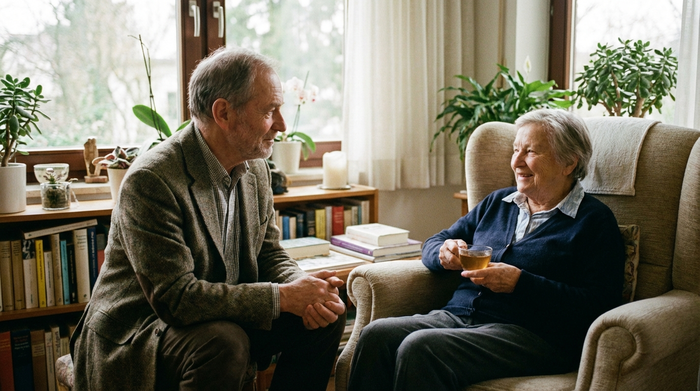 Erfahrener Palliativmediziner im ruhigen Gespräch mit einem Patienten, der in einem bequemen Sessel sitzt