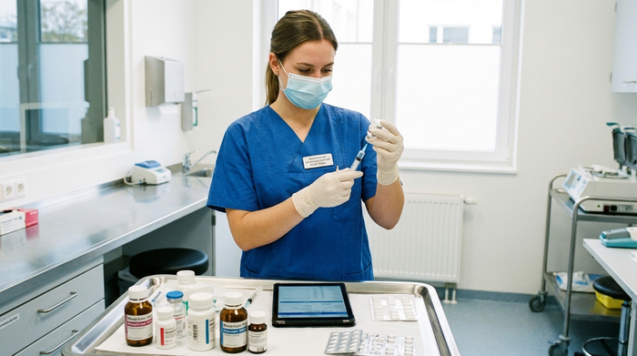 Spezialisierte Pflegekraft bereitet sorgfältig Medikamente zur Schmerzlinderung vor