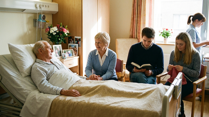 Angehörige sitzen ruhig und unterstützend am Bett eines älteren Patienten